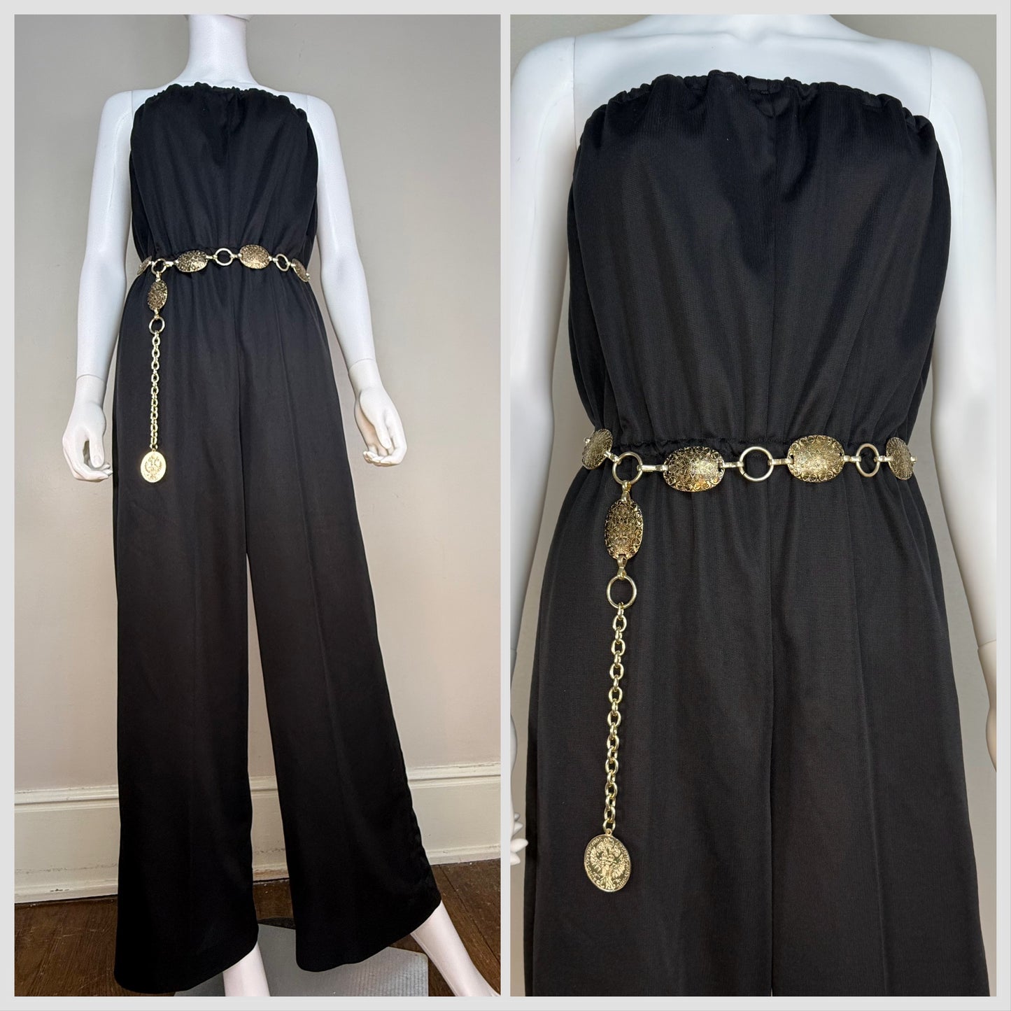 1970s Black Strapless Jumpsuit, Handmade Size Small/Medium