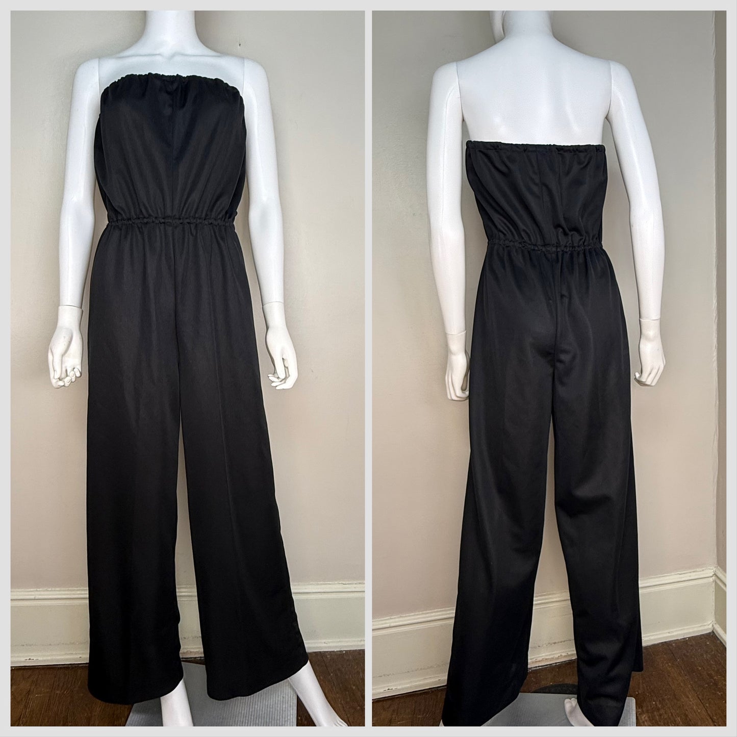 1970s Black Strapless Jumpsuit, Handmade Size Small/Medium