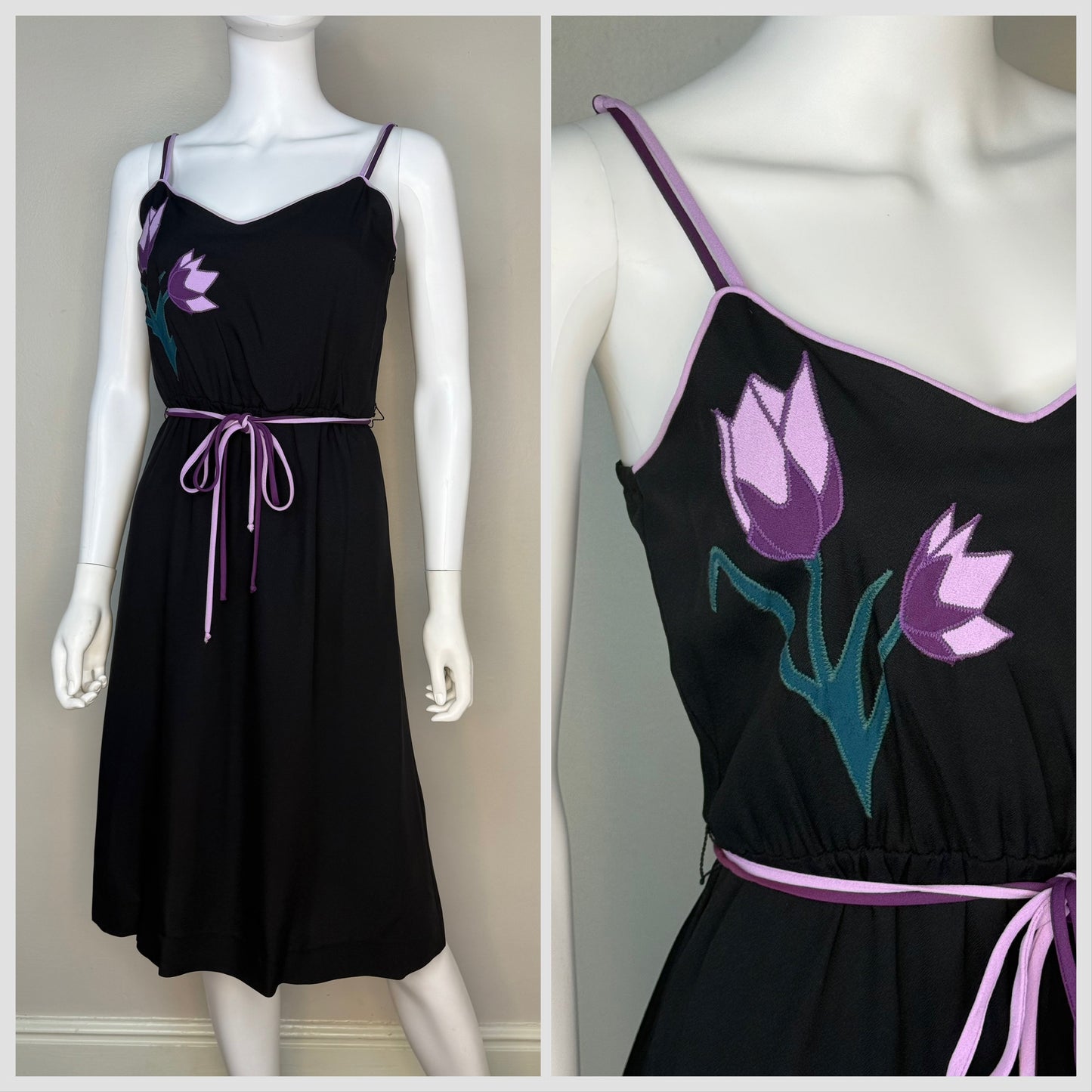 1970s/80s Black Sundress with Floral Applique, My Colours Dress Size Small