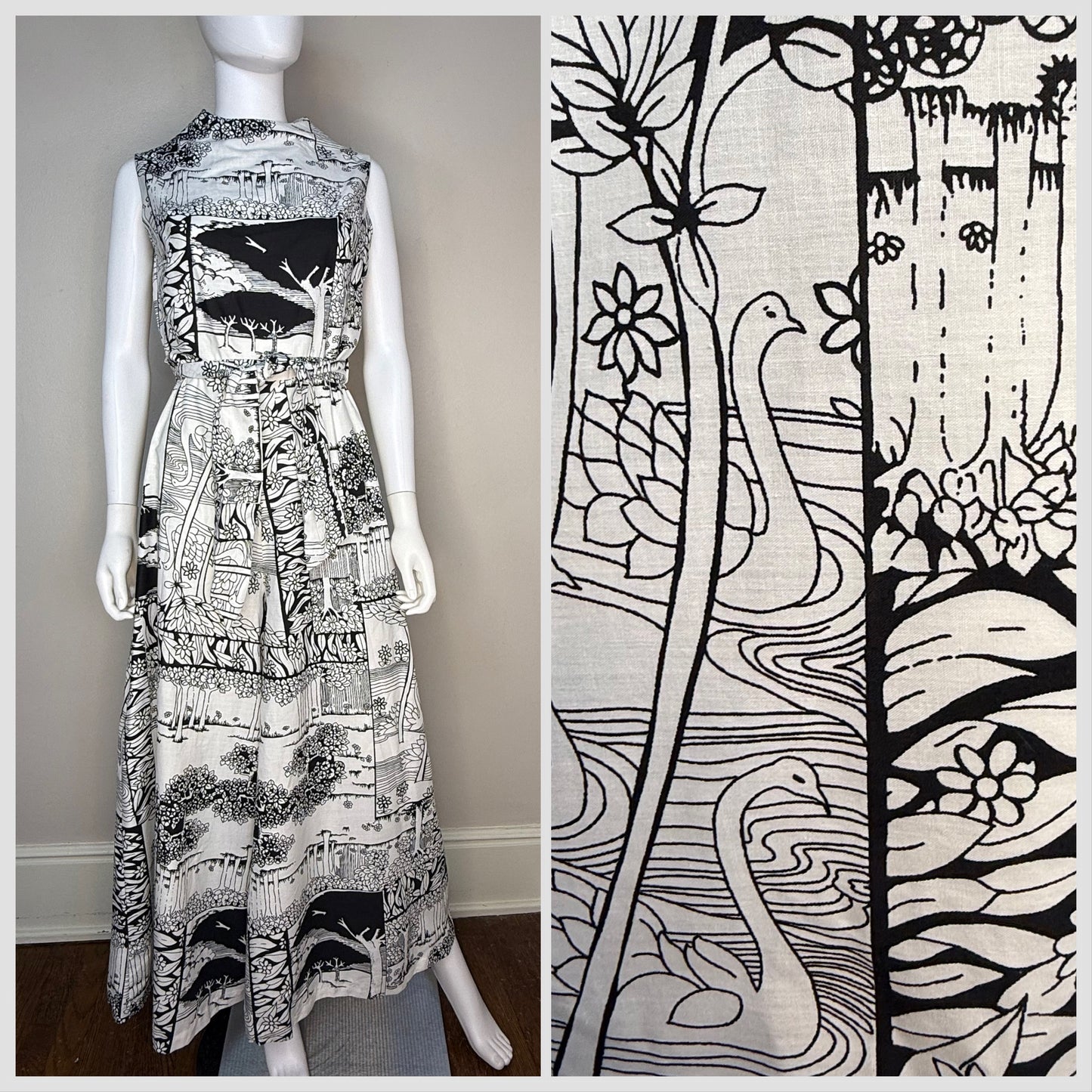 1970s Black and White Psychedelic Print Wide Leg Sleeveless Jumpsuit, Sears At Home Wear Size Small Medium