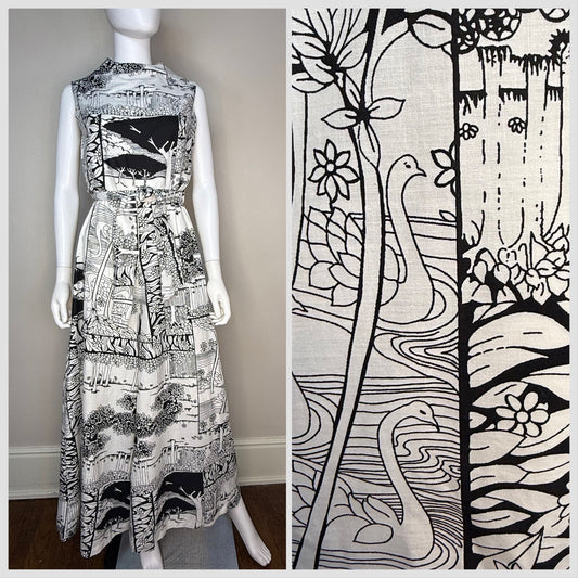 1970s Black and White Psychedelic Print Wide Leg Sleeveless Jumpsuit, Sears At Home Wear Size Small Medium