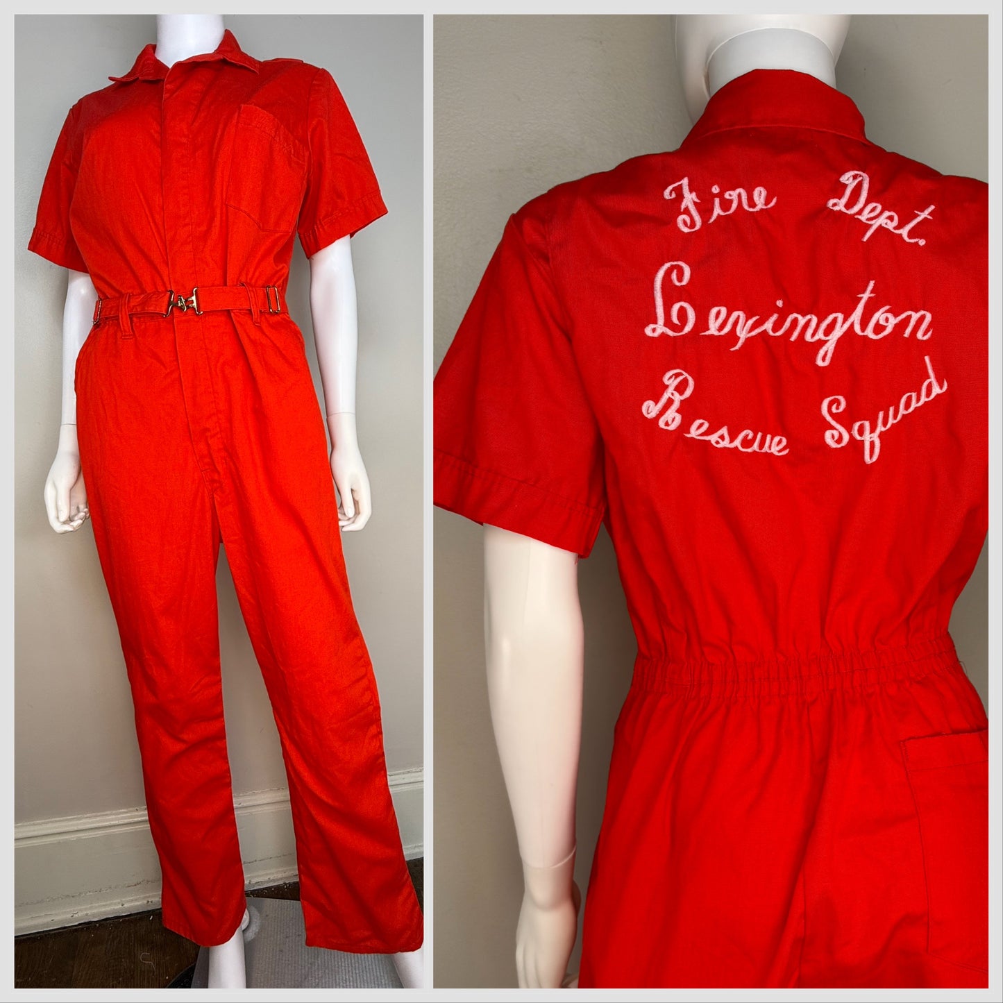 1970s Women’s Coveralls Jumpsuit, Red Short Sleeve, Embroidered, Lexington Fire Dept Rescue Squad, Boiler Suit, S&H Uniforms Size Medium