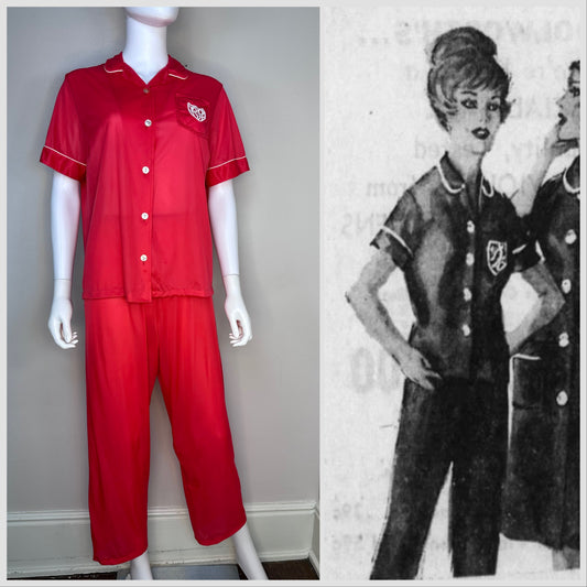 1960s Red Nylon Pajama Set, Styled by Gilbreath Size Medium, Short Sleeve Top and Pants