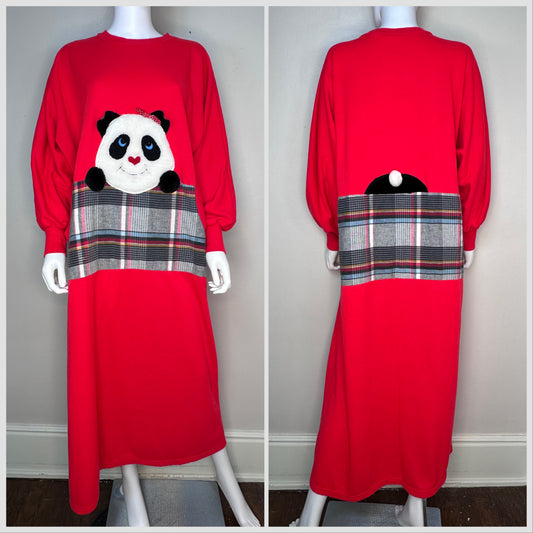 1990s Sweatshirt Nightgown with 3D Furry Panda Bear, Adonna Loungewear Size Large