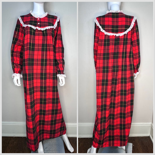 1980s Red Plaid Flannel Granny Nightgown, Sears The Fashion Place Size Medium-Large