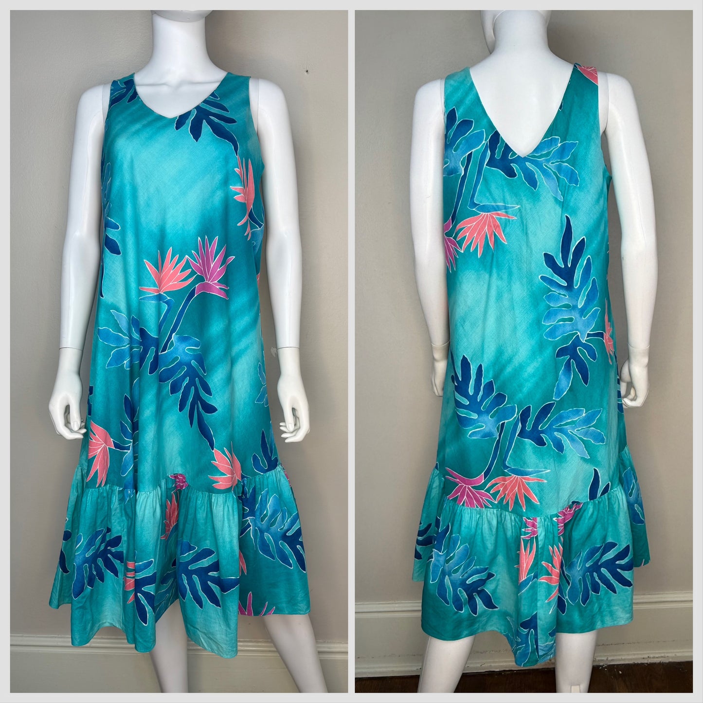 1990s Hawaiian Teal Floral Midi Tent Dress, Hilo Hattie Hawaii Size Medium, Sleeveless Sundress