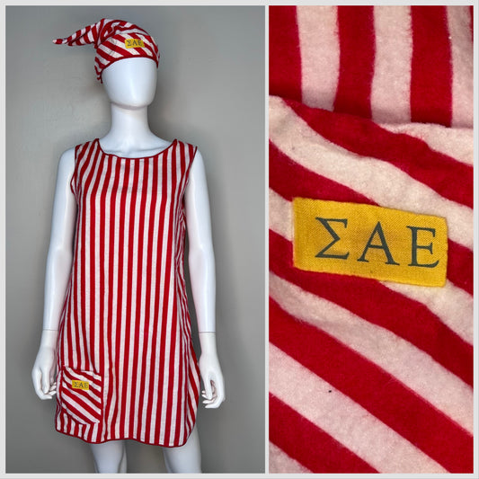 1950s/60s Sigma Alpha Epsilon Pajama Party Flannel Night Shirt and Cap, Size XS/S, Red and White Stripes