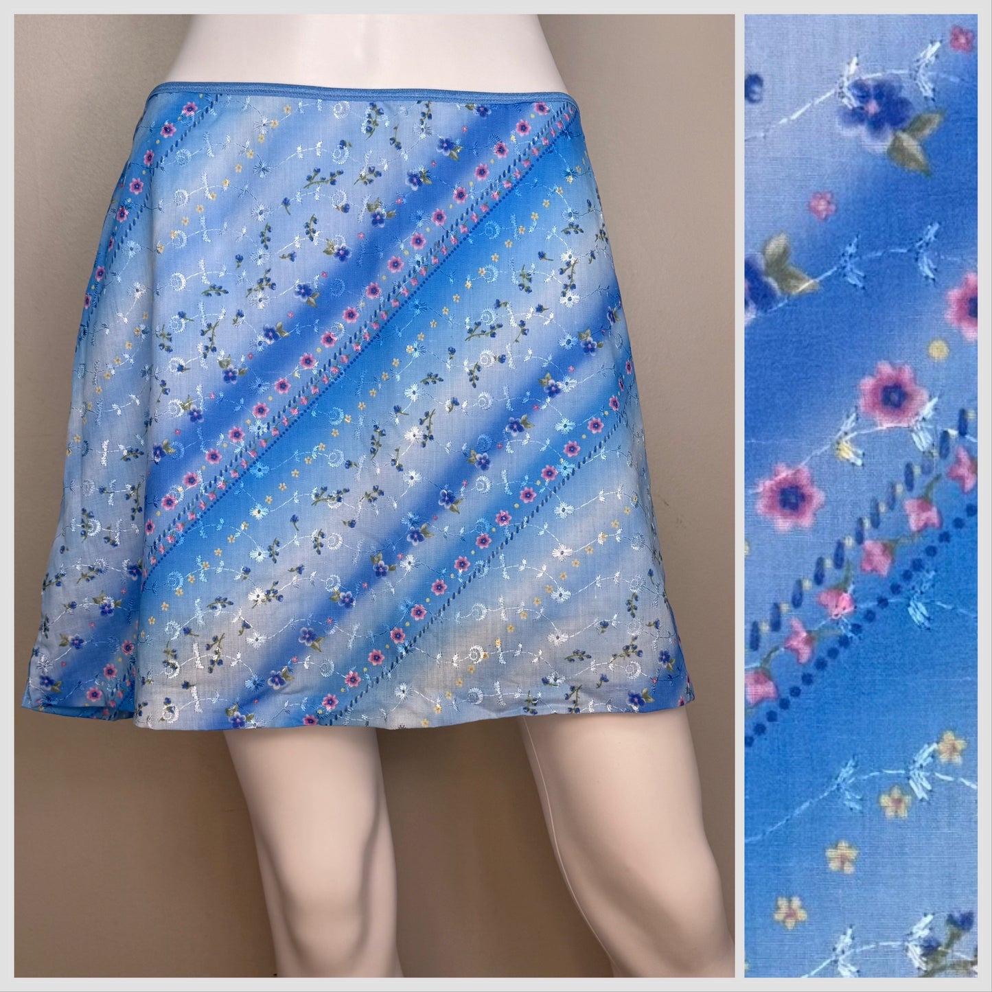 1990s/Y2K Blue Eyelet Floral Mini Skirt, Exact Change Size Medium, Diagonal Stripe