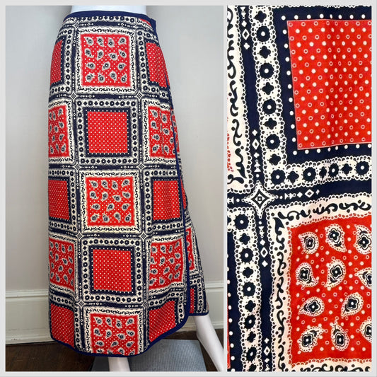 1960s/70s Bandana Print Maxi Wrap Skirt, by David Smith Size Small, Red White & Blue