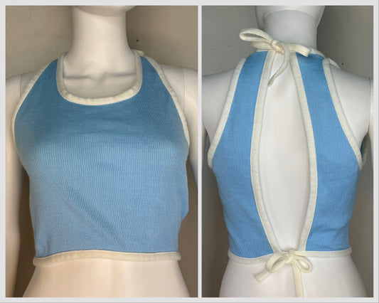 1970s Light Blue Knit Crop Top, Open Back, Talia Fashions Size XS-Small