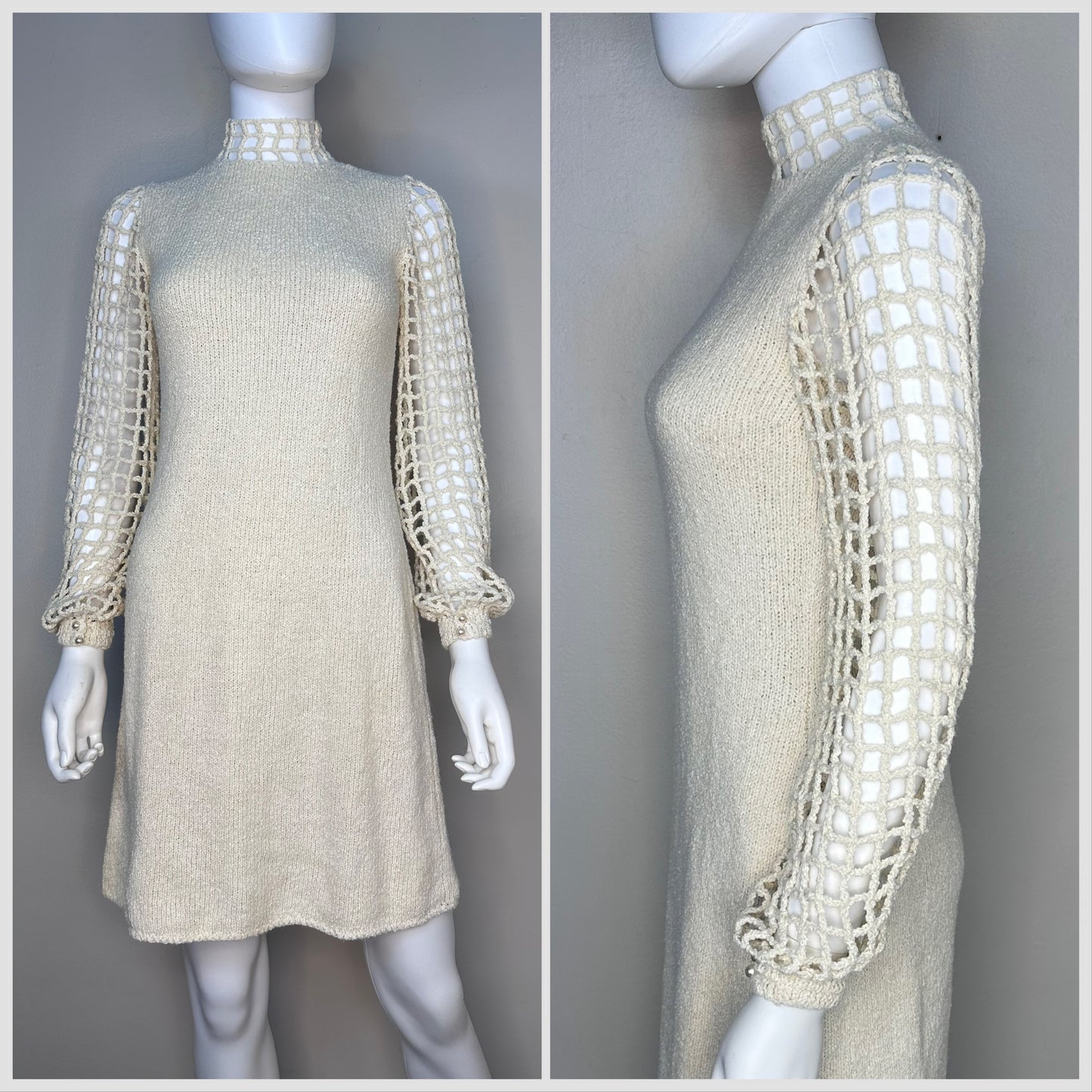 1960s St John Knits Cream Mini Dress, Size Small, High Neck, Open Net Long Sleeves