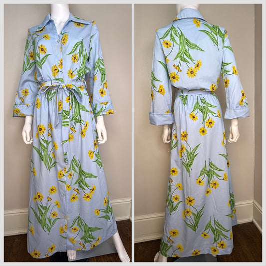 1970s Blue Floral Maxi Shirt Dress, Sears Size Large Tall