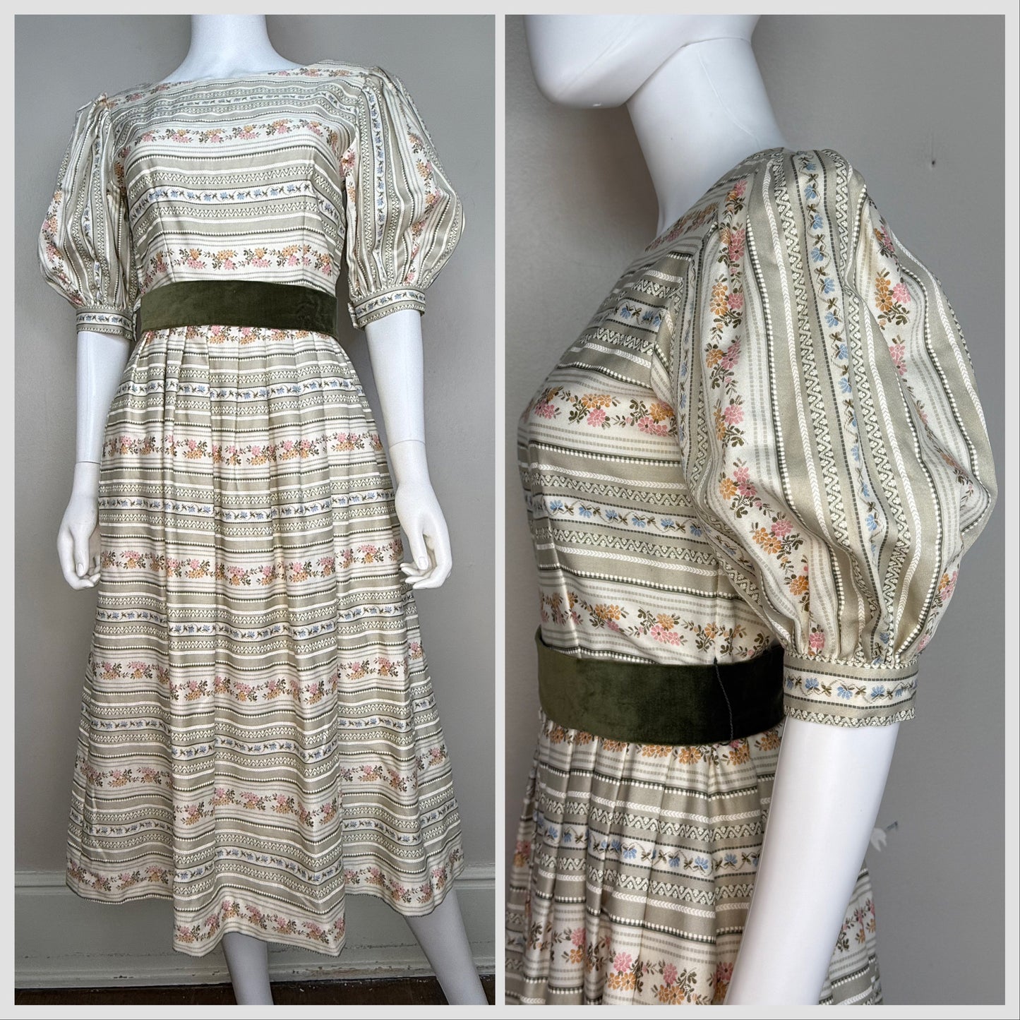 1970s/80s Floral Stripe Dress with Big Puff Sleeves, Lanz Size Small