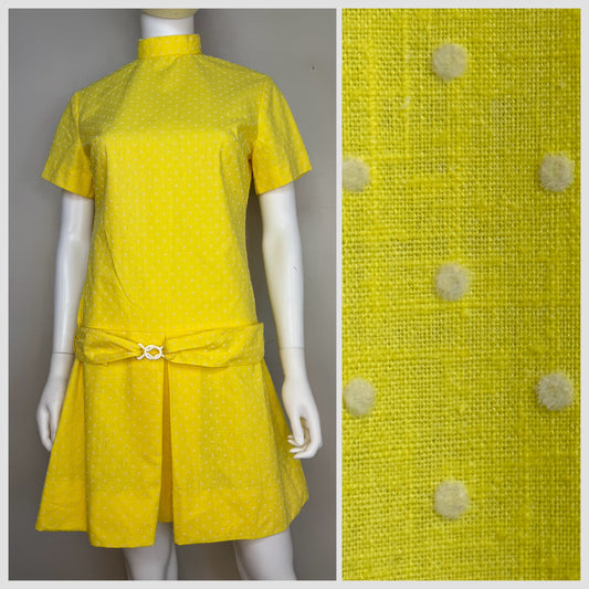 1960s Yellow Swiss Dot Drop Waist Mini Dress, Handmade Size S/M