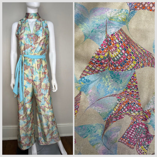 1970s Psychedelic Print Bell-Bottom Jumpsuit, Mel Warshaw Miss Jane Miami Size XS/Small, Shiny Fabric