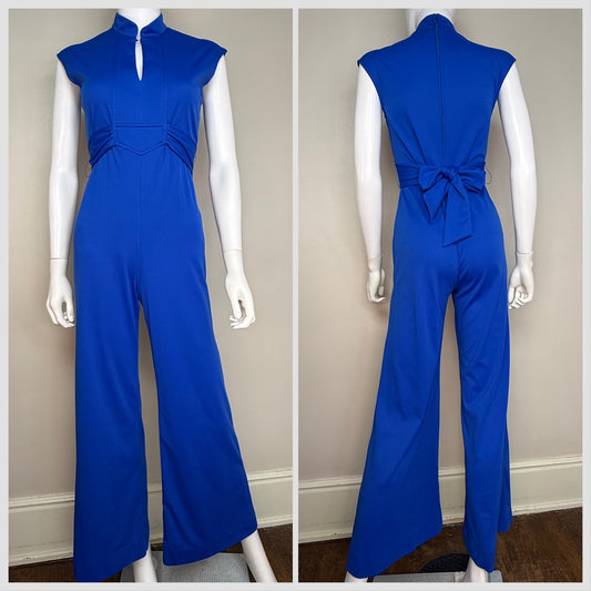1970s Royal Blue Sleeveless Bell-Bottom Knit Jumpsuit, Jerell of Texas Size Small Petite
