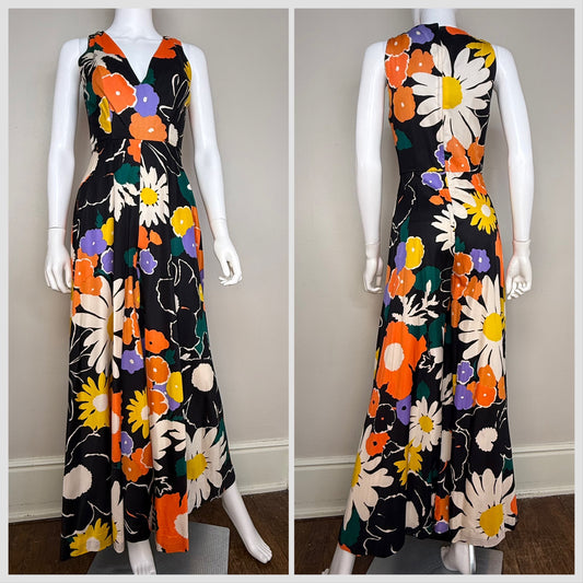 1960s/70s Black Floral Wide Leg Jumpsuit, Size XXS/XS