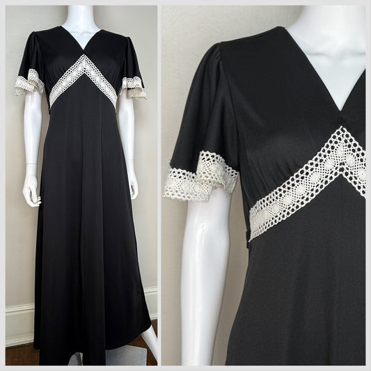 1970s Black Maxi Dress with White Crochet Trim, Sears Fashions Size Large