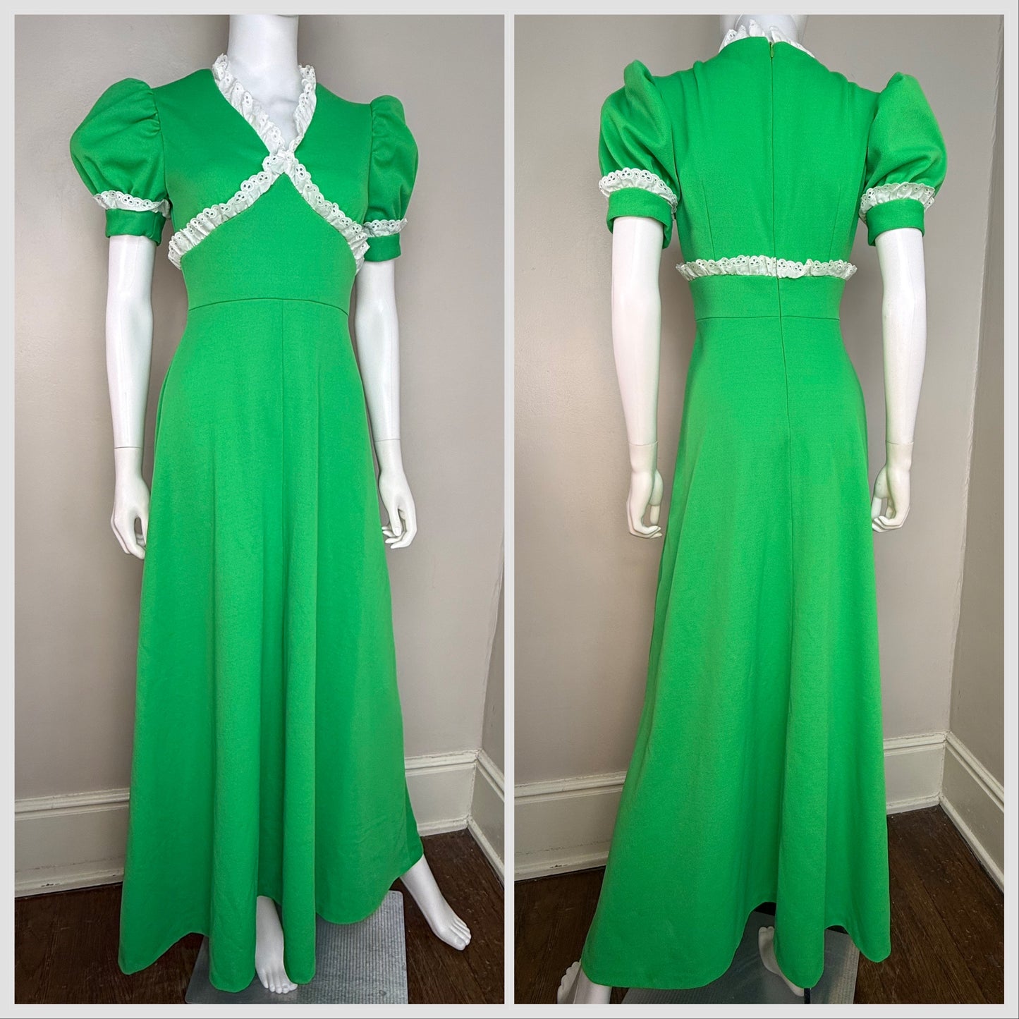 1970s Bright Green Maxi Dress with White Eyelet Trim, Homemade Size Small
