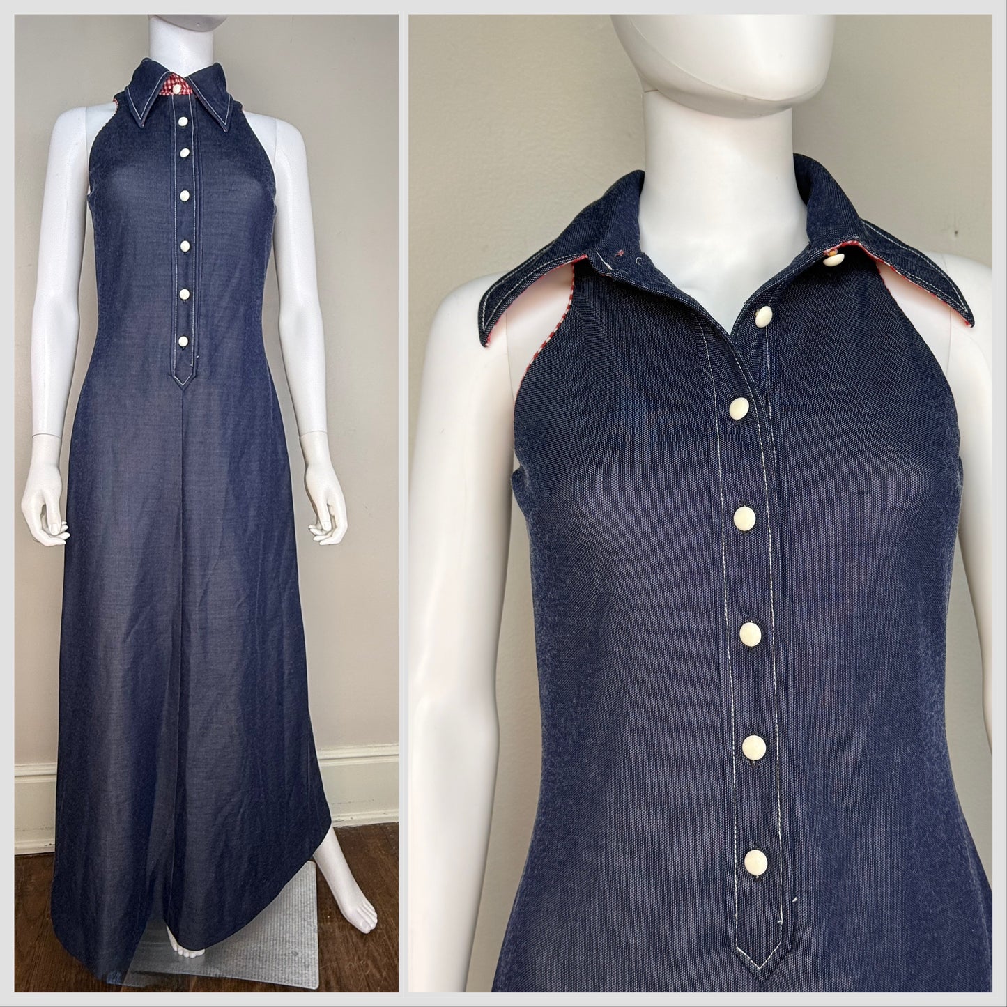 1970s Blue Double Knit Maxi Shirt Dress with Gingham Trim, Melissa Lane Size Small/Medium