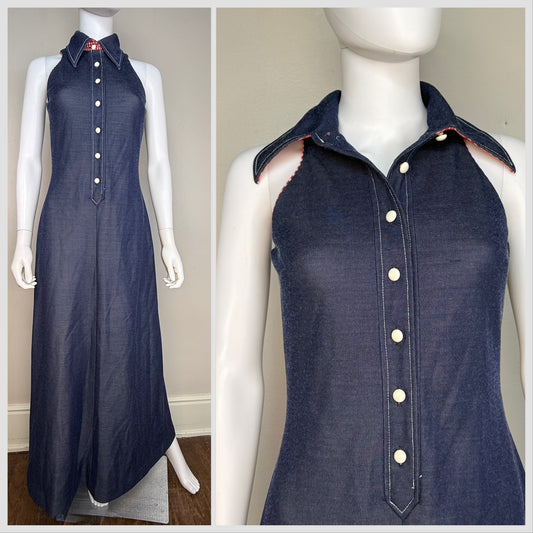 1970s Blue Double Knit Maxi Shirt Dress with Gingham Trim, Melissa Lane Size Small/Medium