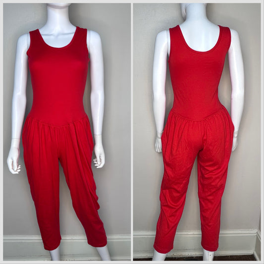 1980s Red Knit Jumpsuit, Miss Dira New York Size Small