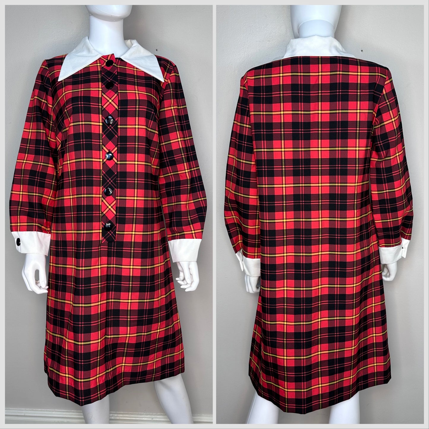 1970s Mod Red Plaid Dress with Huge White Collar, Joan Curtis Size Large