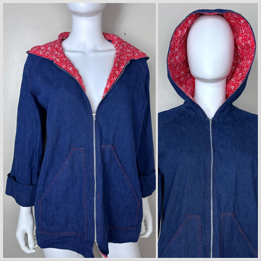 1970s Denim Jacket with Red Floral Lined Hood, Shelly’s Tall Girls Size Medium