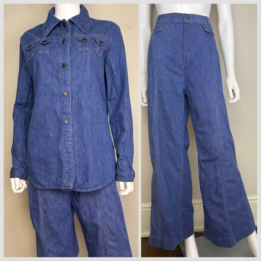 1970s Women’s Denim Suit, Shirt Jacket and Bell Bottom Blue Jeans Set, Sears Jr Bazaar Size Medium