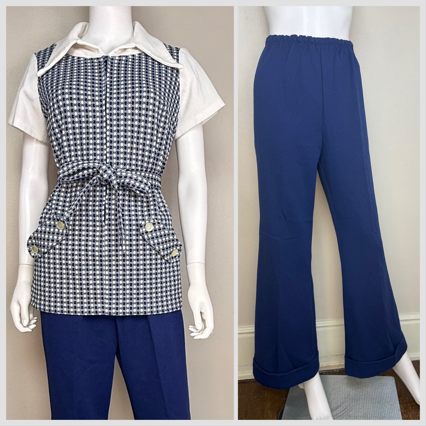 1970s Double Knit Short Sleeve Pant Suit, Navy Blue Polyester Tunic and Bell Bottom Pants, Size Medium