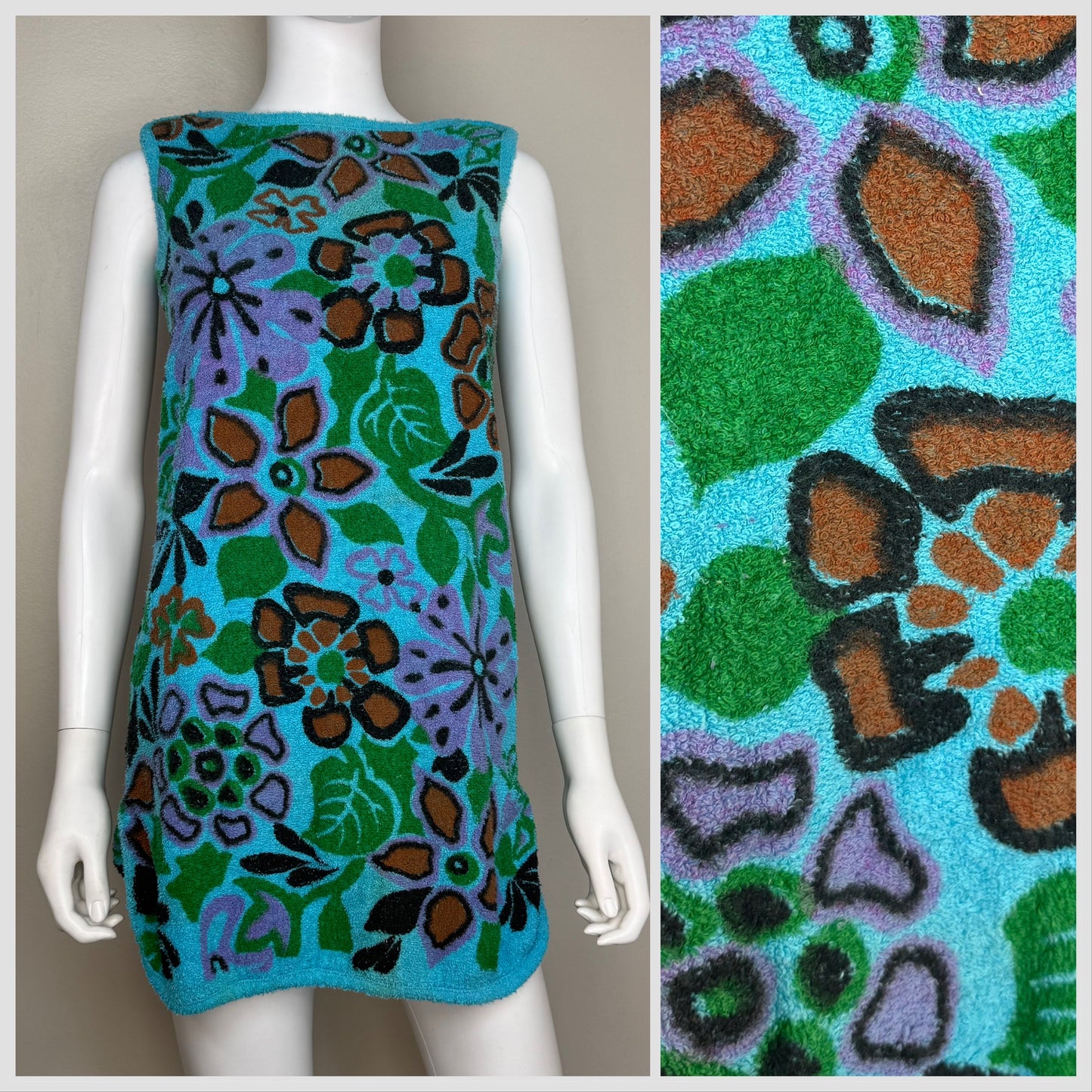 1960s Floral Terry Cloth Dress, Sherry Miami Fla, Swim Beach Towel Cover Up Size XS