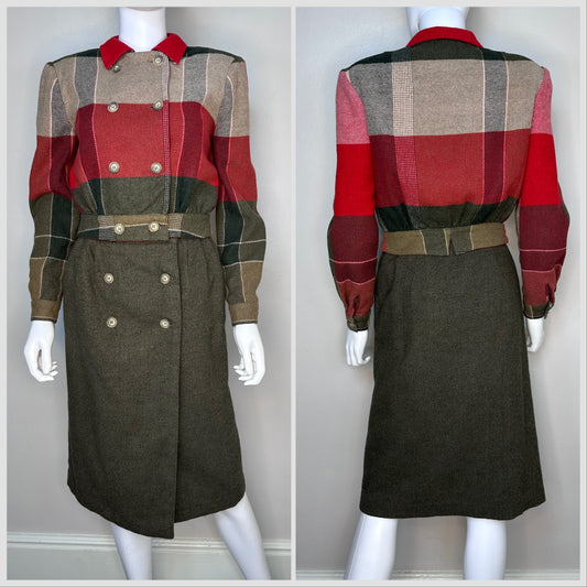 1970s Suit, Red and Olive Green Plaid Jacket and Wrap Skirt, The Strawberry Plant by Dorothy Schoelen Size XS