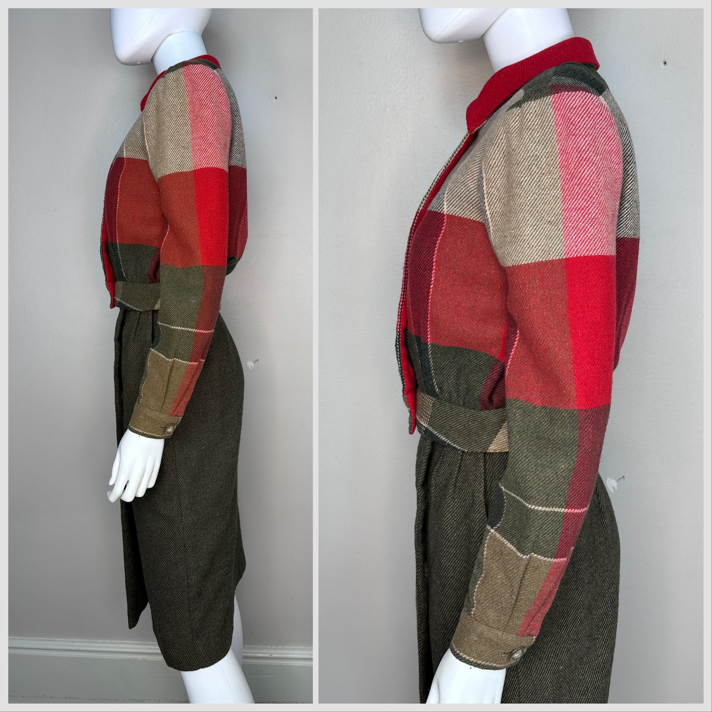 1970s Suit, Red and Olive Green Plaid Jacket and Wrap Skirt, The Strawberry Plant by Dorothy Schoelen Size XS