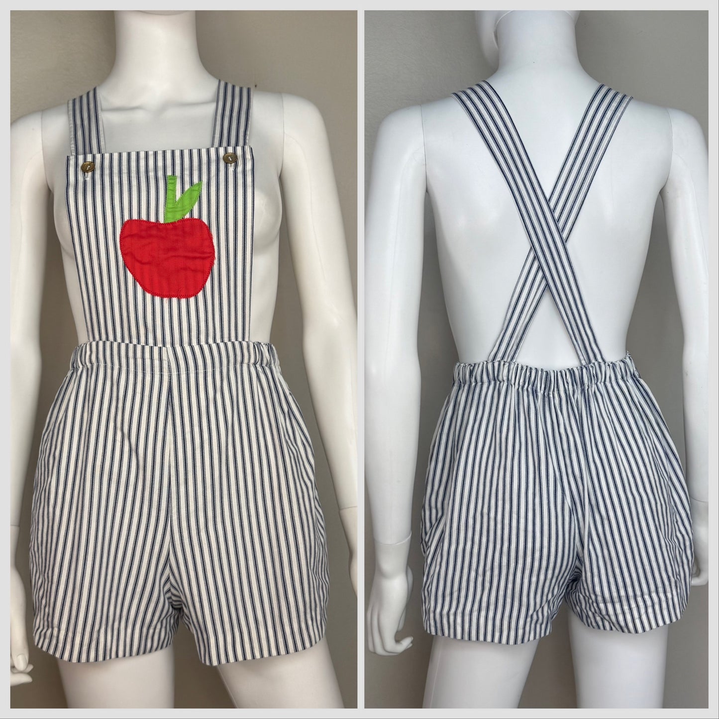 1970s Striped Low Back Overall Shorts with Apple Appliqué, Shortalls, Size X-Small