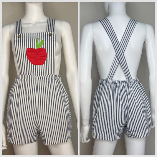 1970s Striped Low Back Overall Shorts with Apple Appliqué, Shortalls, Size X-Small