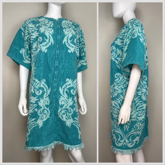 1960s/70s Teal Towel Dress, Gold Crest by Cone, Swim Beach Cover Up Size Small-Medium