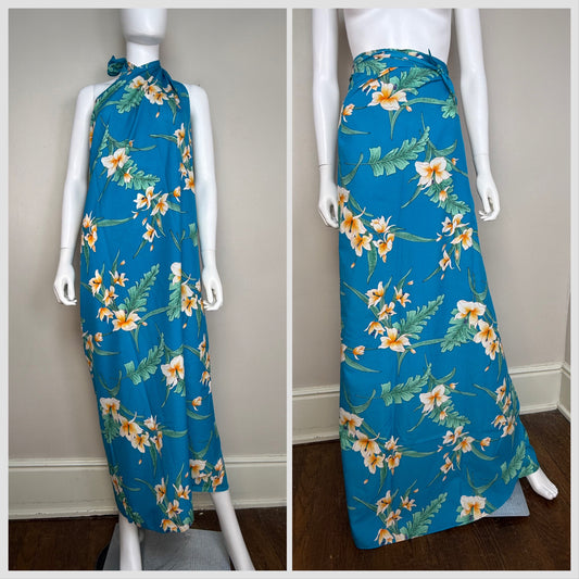 1970s Hawaiian Halter Wrap Maxi Dress, Maxi Skirt, Hilo Hattie’s Pareau, Aqua Blue Hawaiian Floral, Deadstock New with Tags