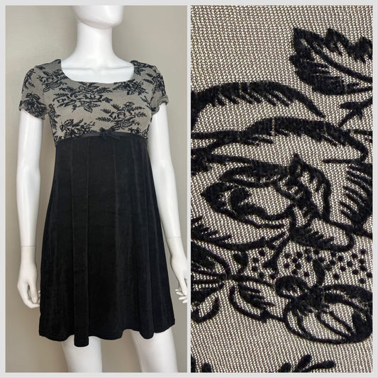 1990s Black Floral Knit Dress, La Belle Size Small, Flocked Velvet Roses
