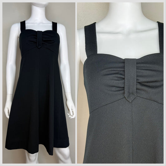 1970s Black Double Knit Sleeveless Mini Dress, Handmade Size S/M