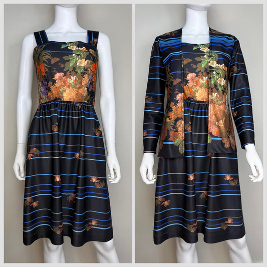 1970s Black Floral Sleeveless Dress with Matching Top, Vivente! Size XS