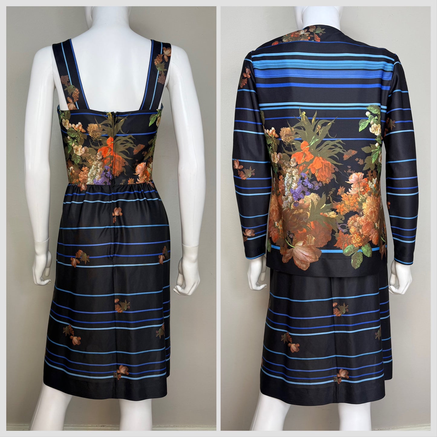 1970s Black Floral Sleeveless Dress with Matching Top, Vivente! Size XS