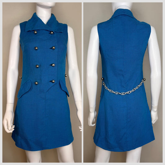 1960s Blue Mod Sleeveless Mini Dress with Silver Buttons and Chain Belt, Size XS
