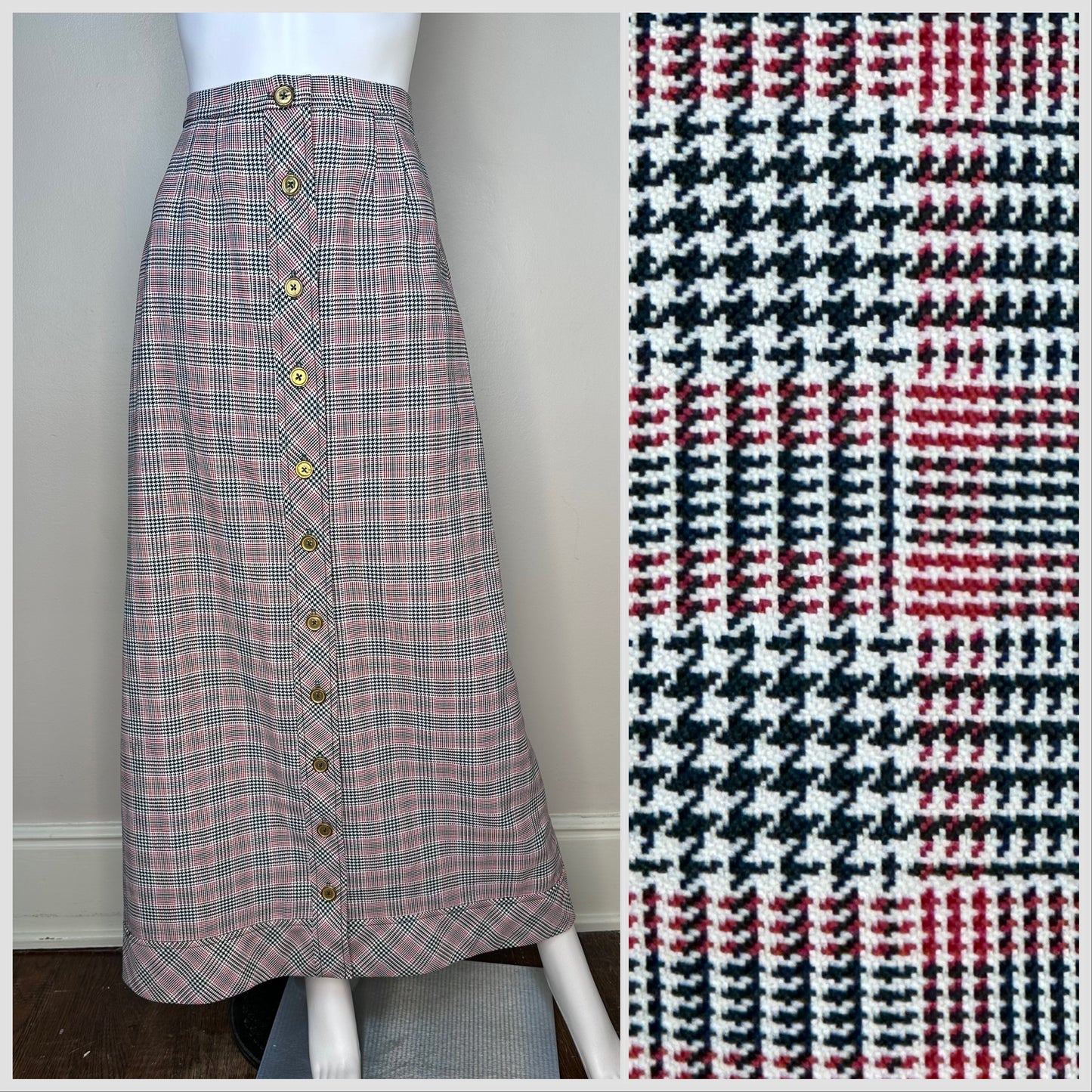 1970s Green and Red Plaid Maxi Skirt, Button Front, Size XS/S