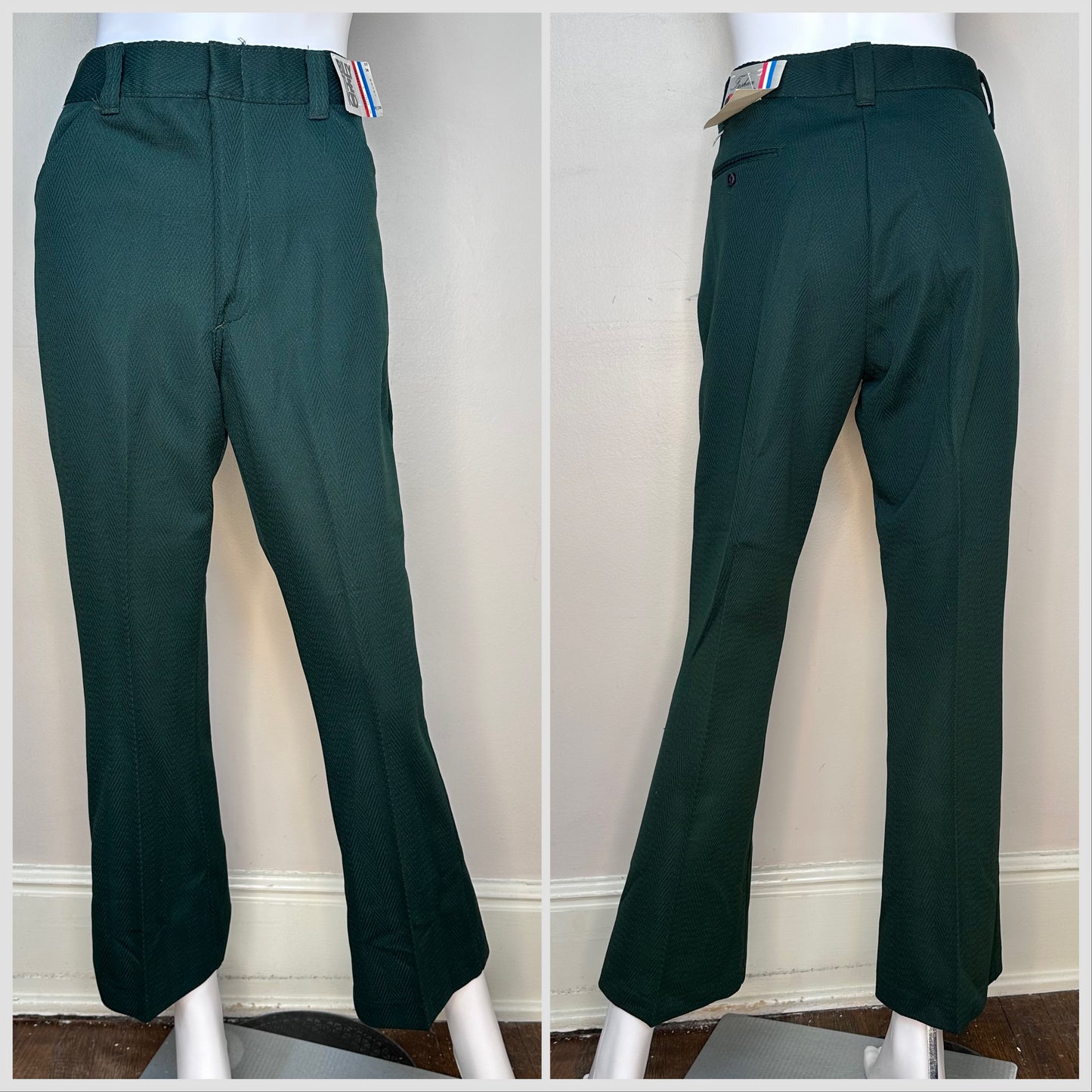 1970 Green Polyester Pants, Billy the Kid, 32x29, Fashion Knits, Deadstock with Tags