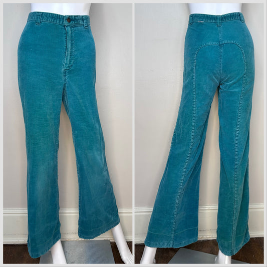 1970s Teal Green Corduroy Bell Bottom Jeans, Dittos 23.75x30.5