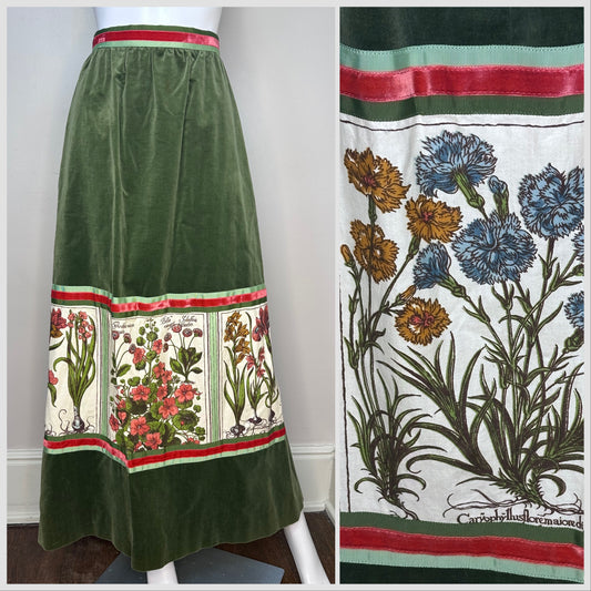 1970s Green Velvet Maxi Skirt with Floral Panels, Victor Costa, Neiman Marcus Size XXS