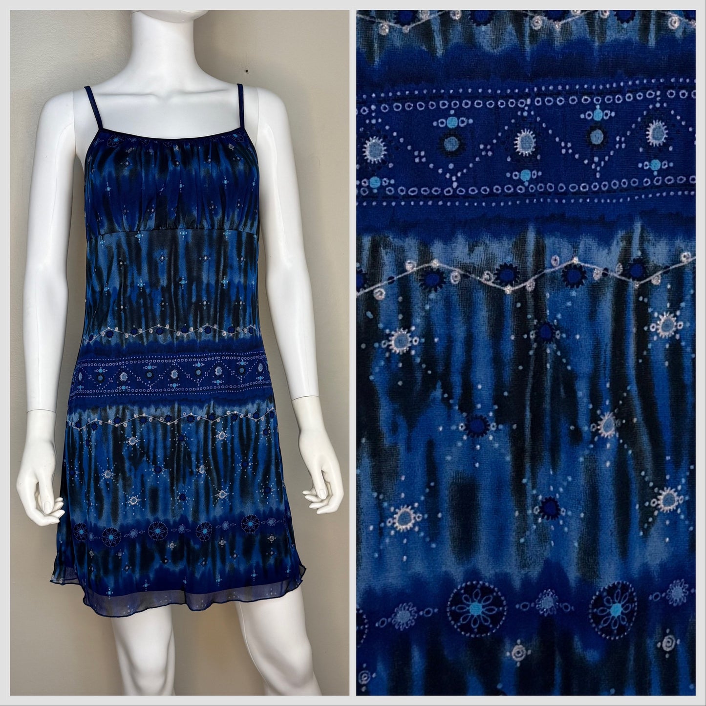 1990s/Y2K Blue Knit Mesh Sleeveless Mini Dress, Byer Too Size Small/Medium, Glitter Accents
