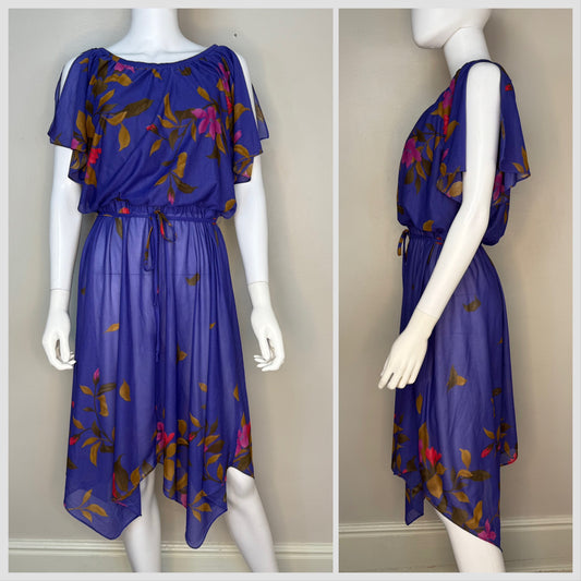 1980s Sheer Purple Floral Dress, Handkerchief Hem, Tabby of California Size S/M
