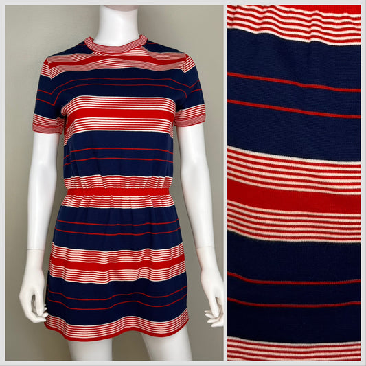 1970s Red White and Blue Stripe Knit Micro Mini Dress, Aileen Size Small