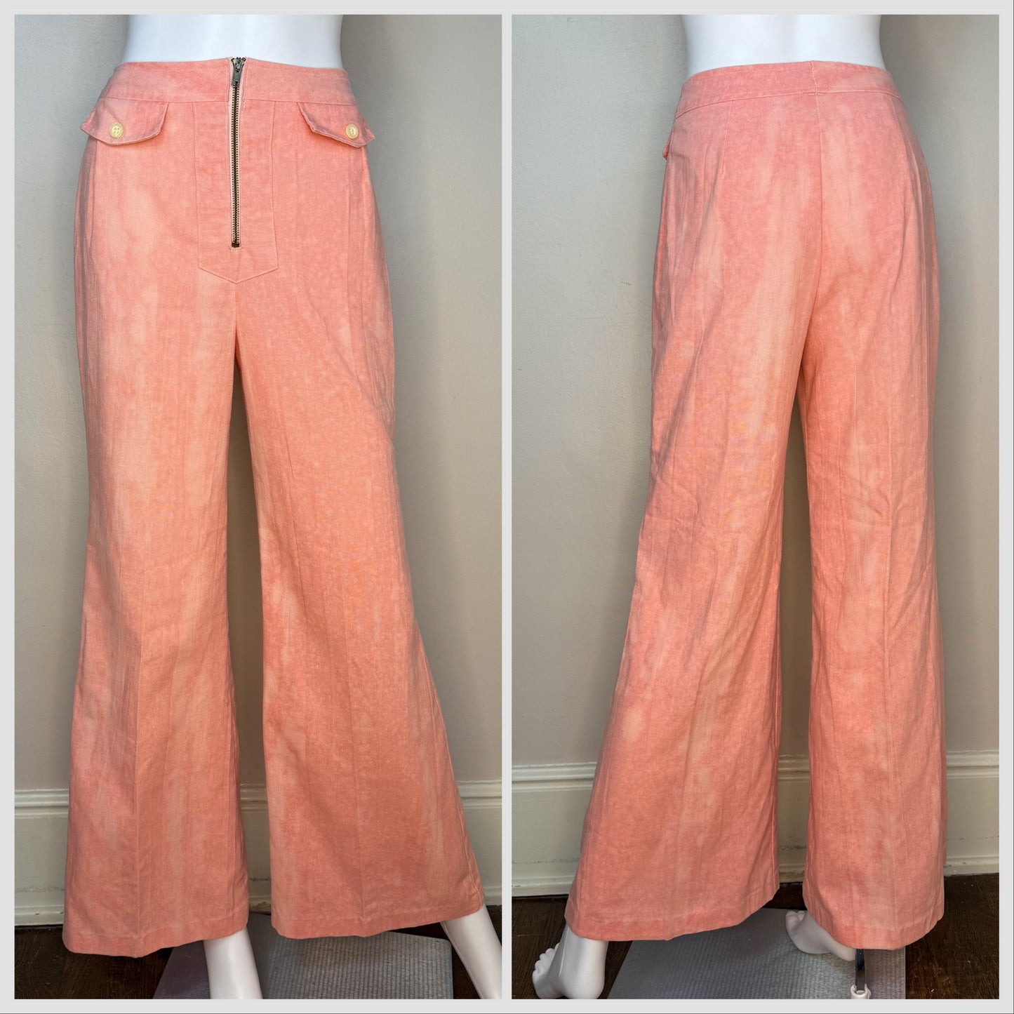 1970s Pastel Salmon Pink Bell Bottom Pants, Wrangler Jeans, 24.5x30, High Rise, Tie Dye